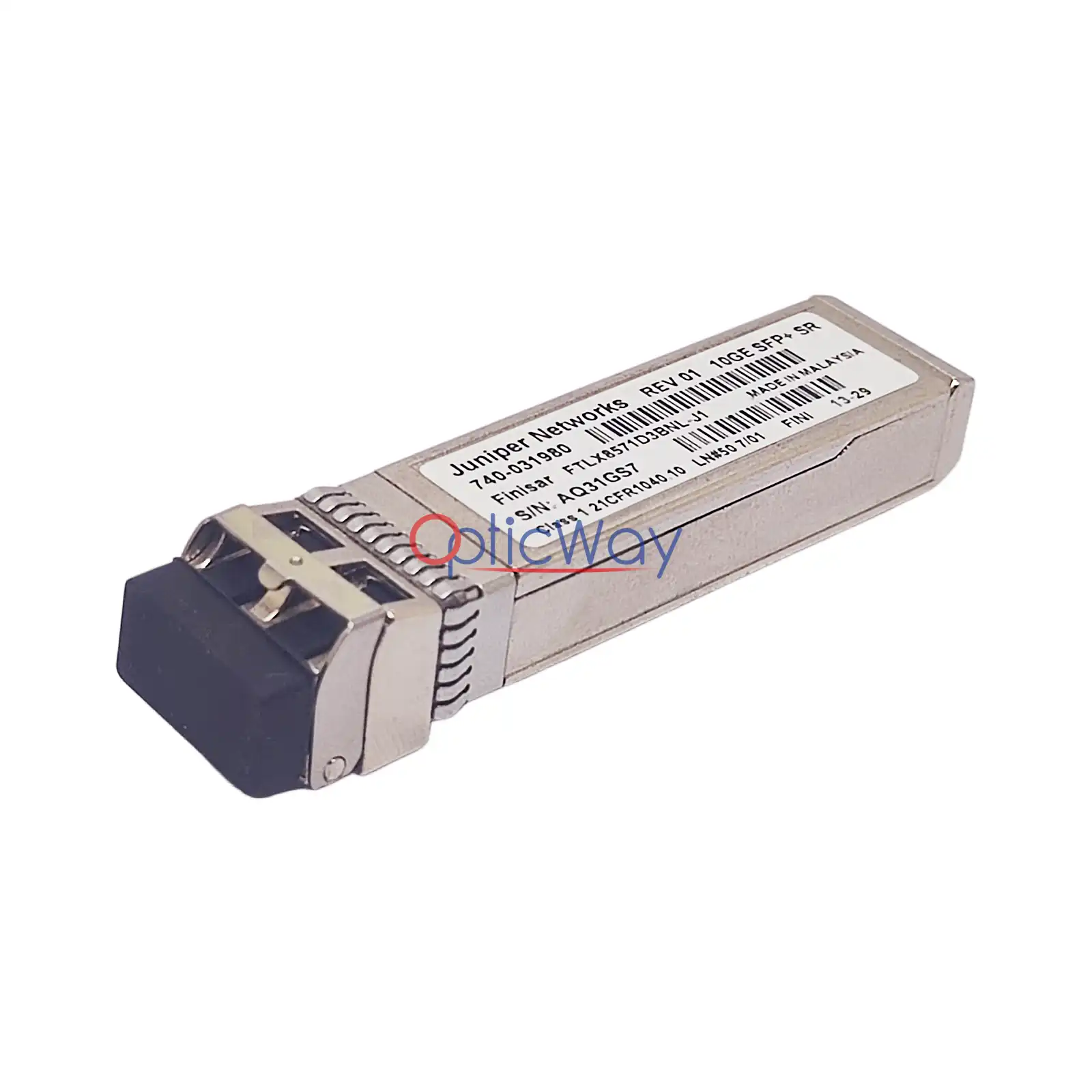 Juniper 740‑031980 SFP+ 10GBASE‑SR transceiver FTLX8571D3BNL‑J1 side‑front perspective view
