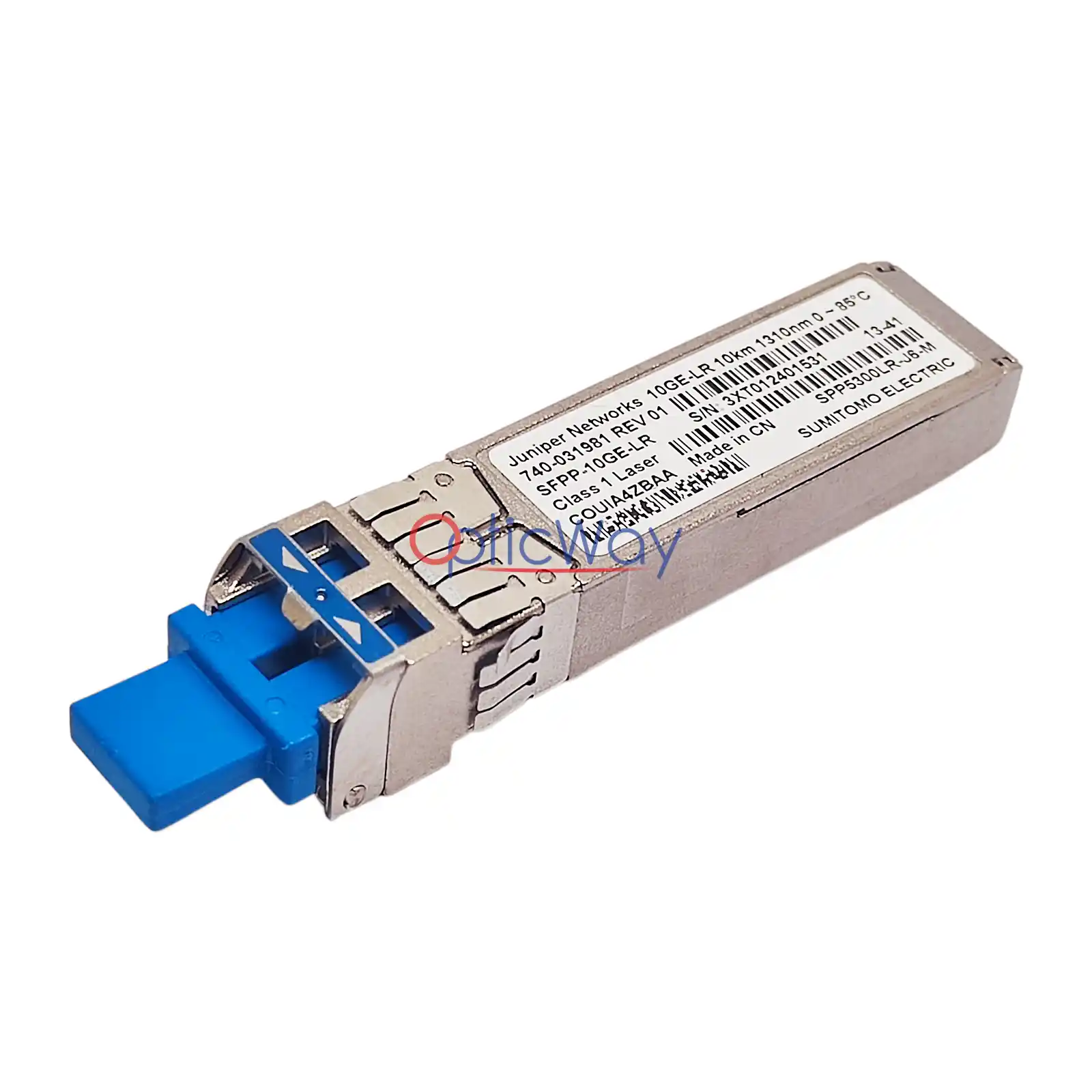 Juniper 740‑031981 SFP+ 10GBASE‑LR transceiver SPP5300LR‑J6‑M side‑front perspective view