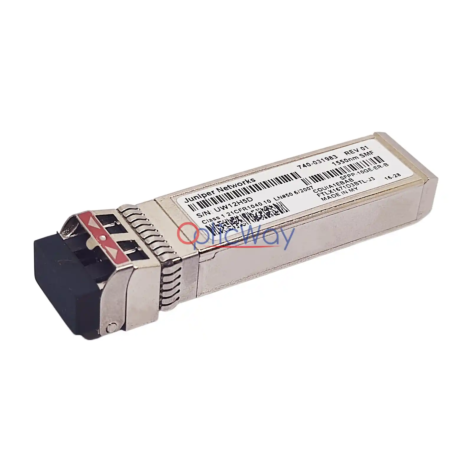 Juniper 740‑031983 SFP+ 10GBASE‑ER transceiver FTLX1671D3BTL‑J3 side‑front perspective view