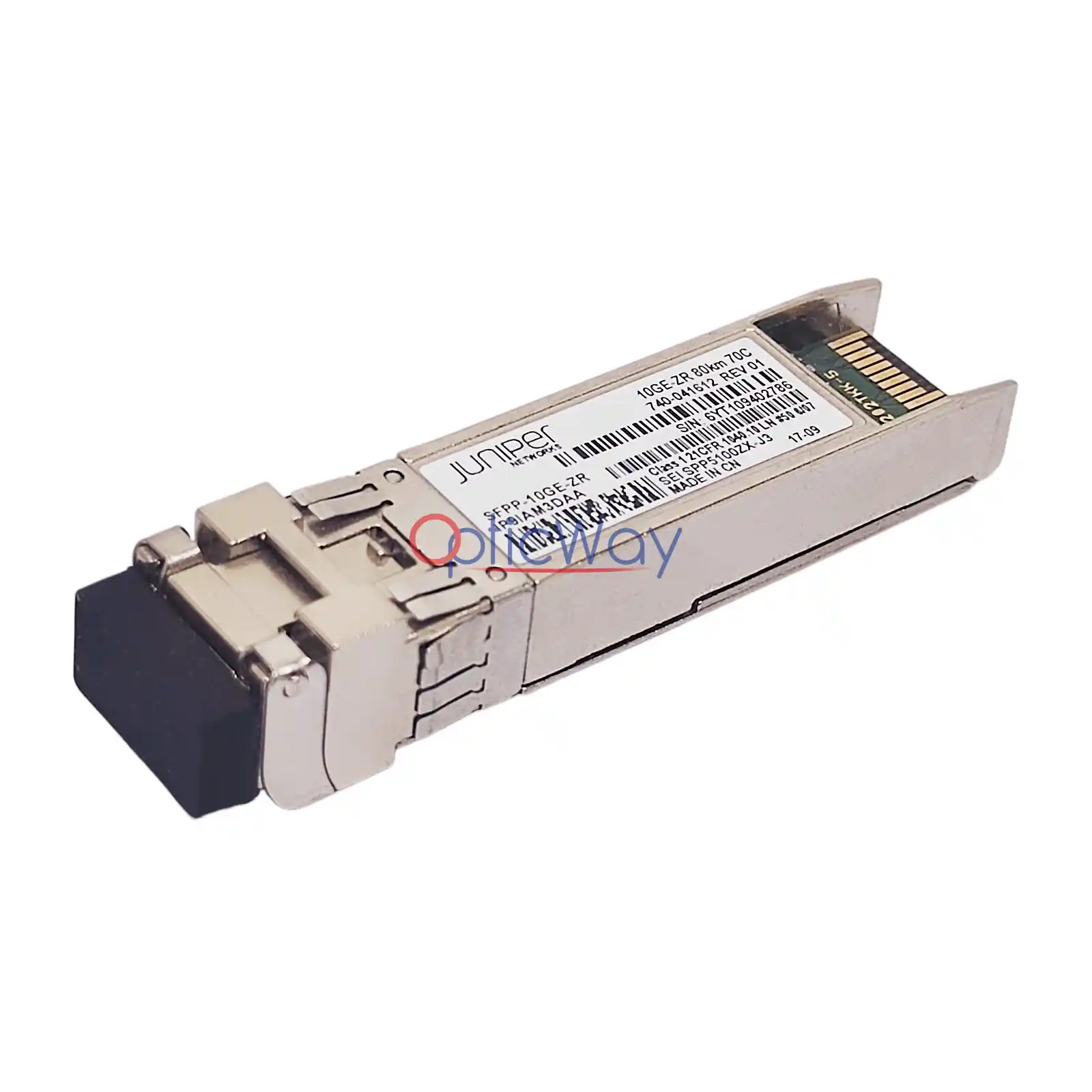 Juniper 740‑041612 SFP+ 10GBASE‑ZR transceiver SPP5100ZX‑J3 side‑front perspective view