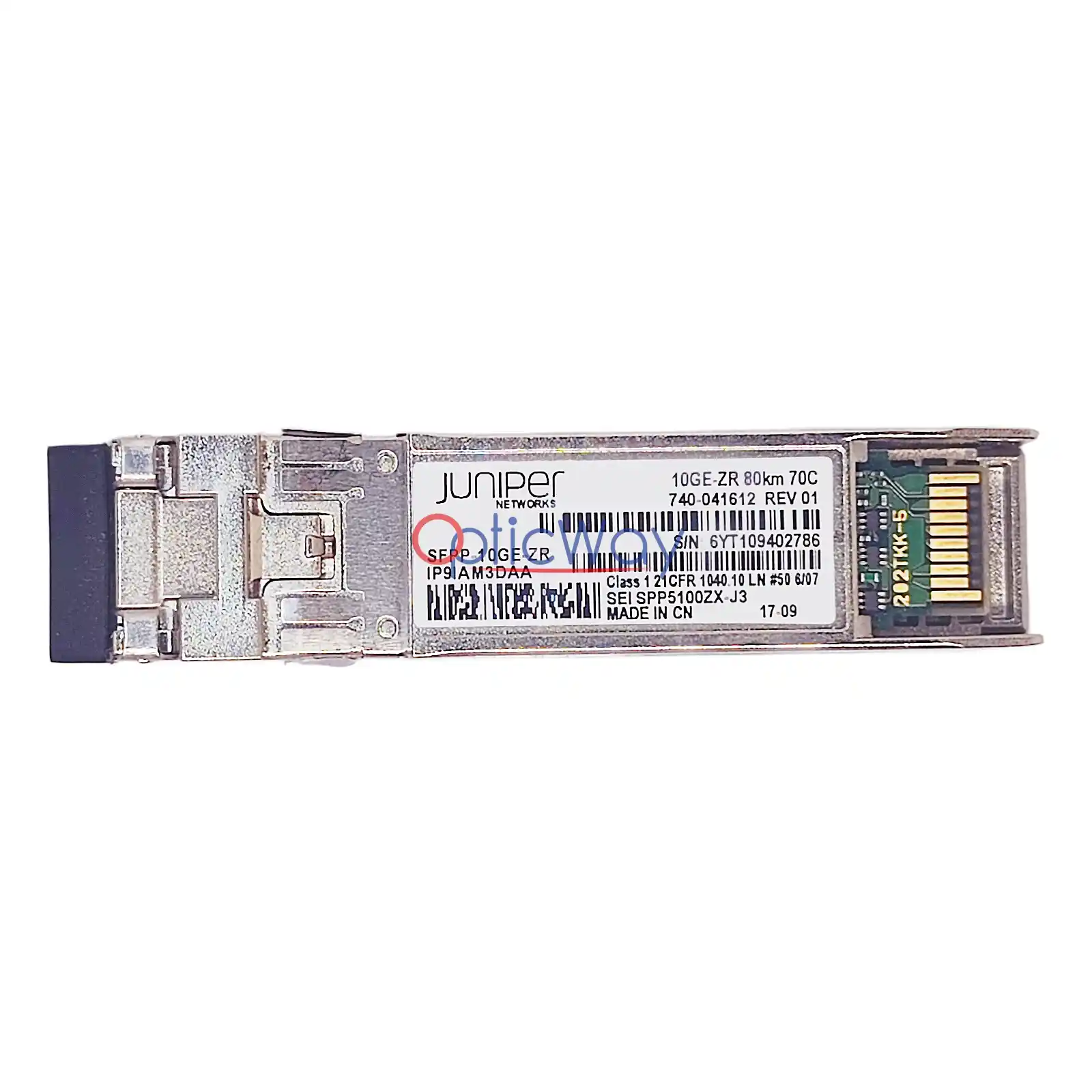 Juniper 740‑041612 SFP+ 10GBASE‑ZR transceiver SPP5100ZX‑J3 front label and gold finger view