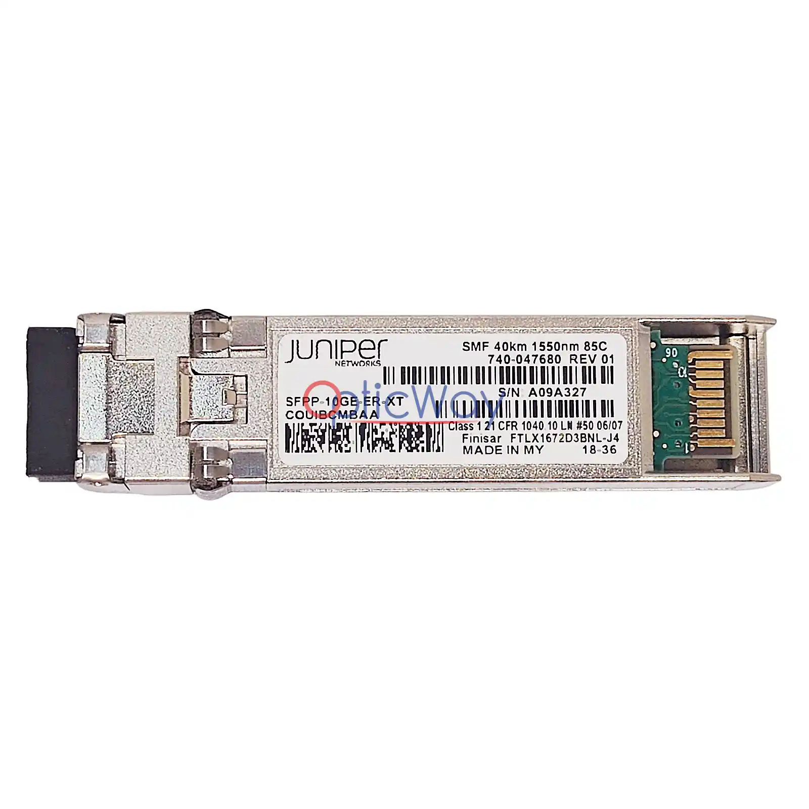 Juniper 740‑047680 SFP+ 10GBASE‑ER transceiver FTLX1672D3BNL‑J4 e‑temp front label and gold finger view
