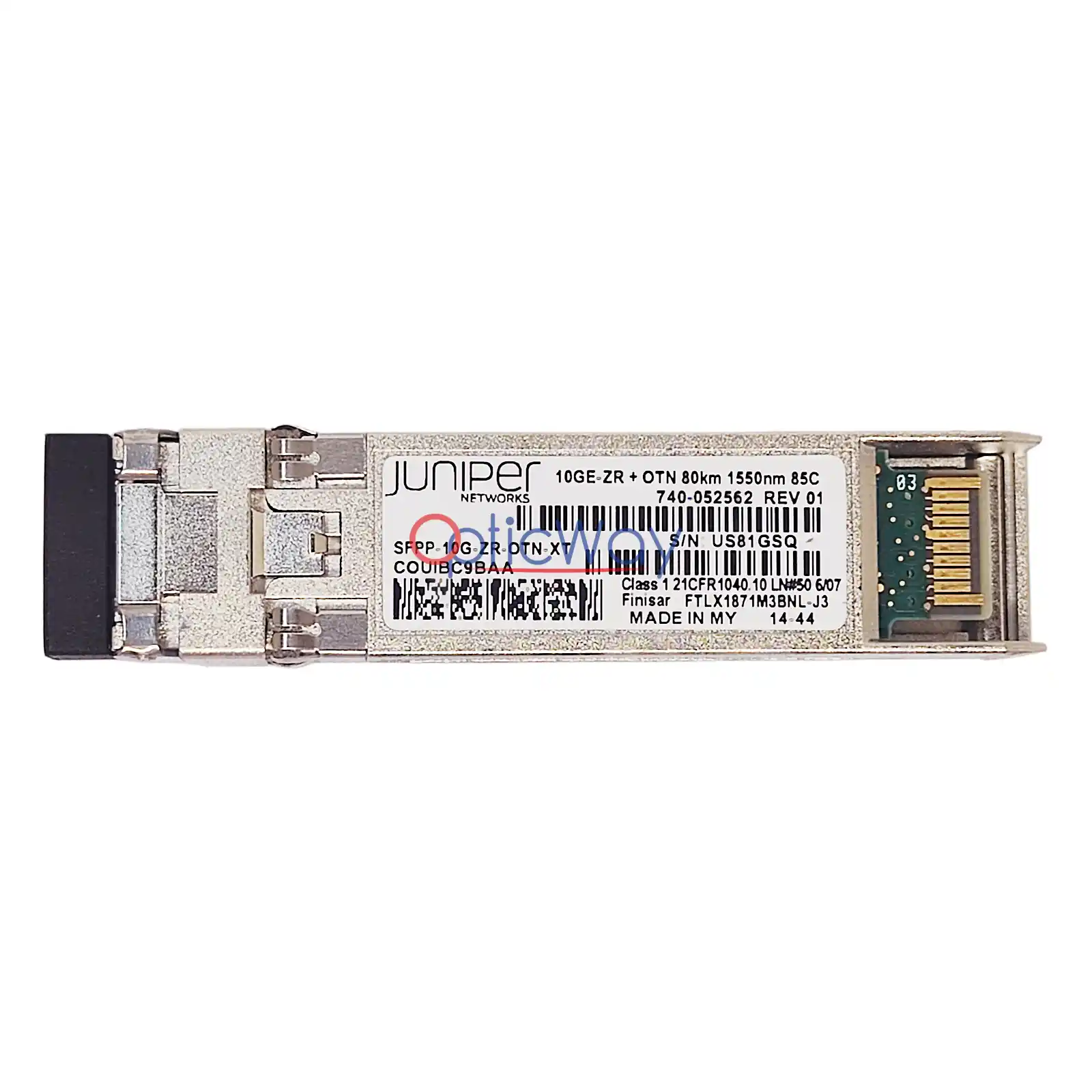 Juniper 740‑052562 SFPP‑10G‑ZR‑OTN‑XT SFP+ 10GE‑ZR+ OTN 80km SMF transceiver front label and gold finger view