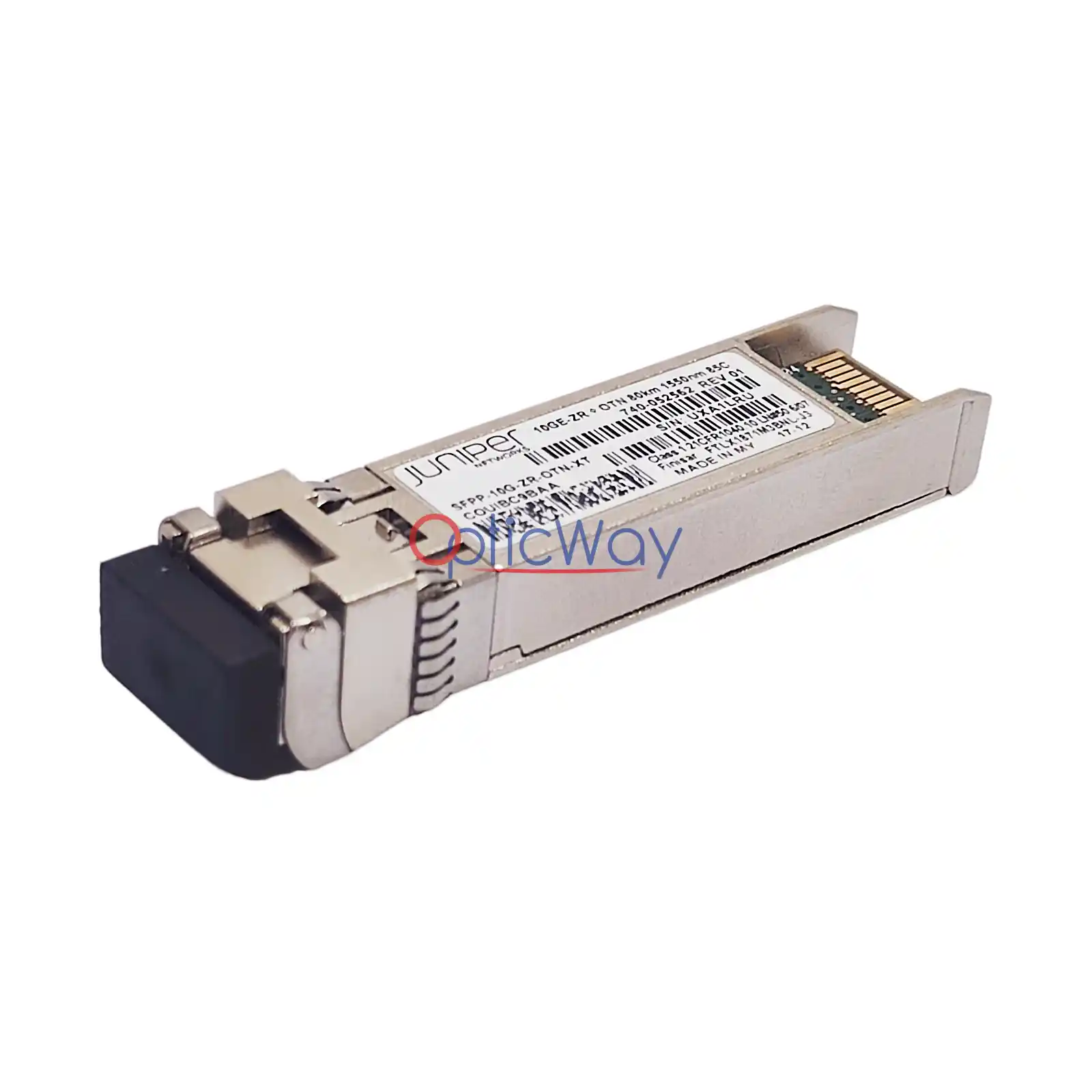 Juniper 740‑052562 SFPP‑10G‑ZR‑OTN‑XT 10GE‑ZR+ OTN SFP+ module side‑front angled perspective view