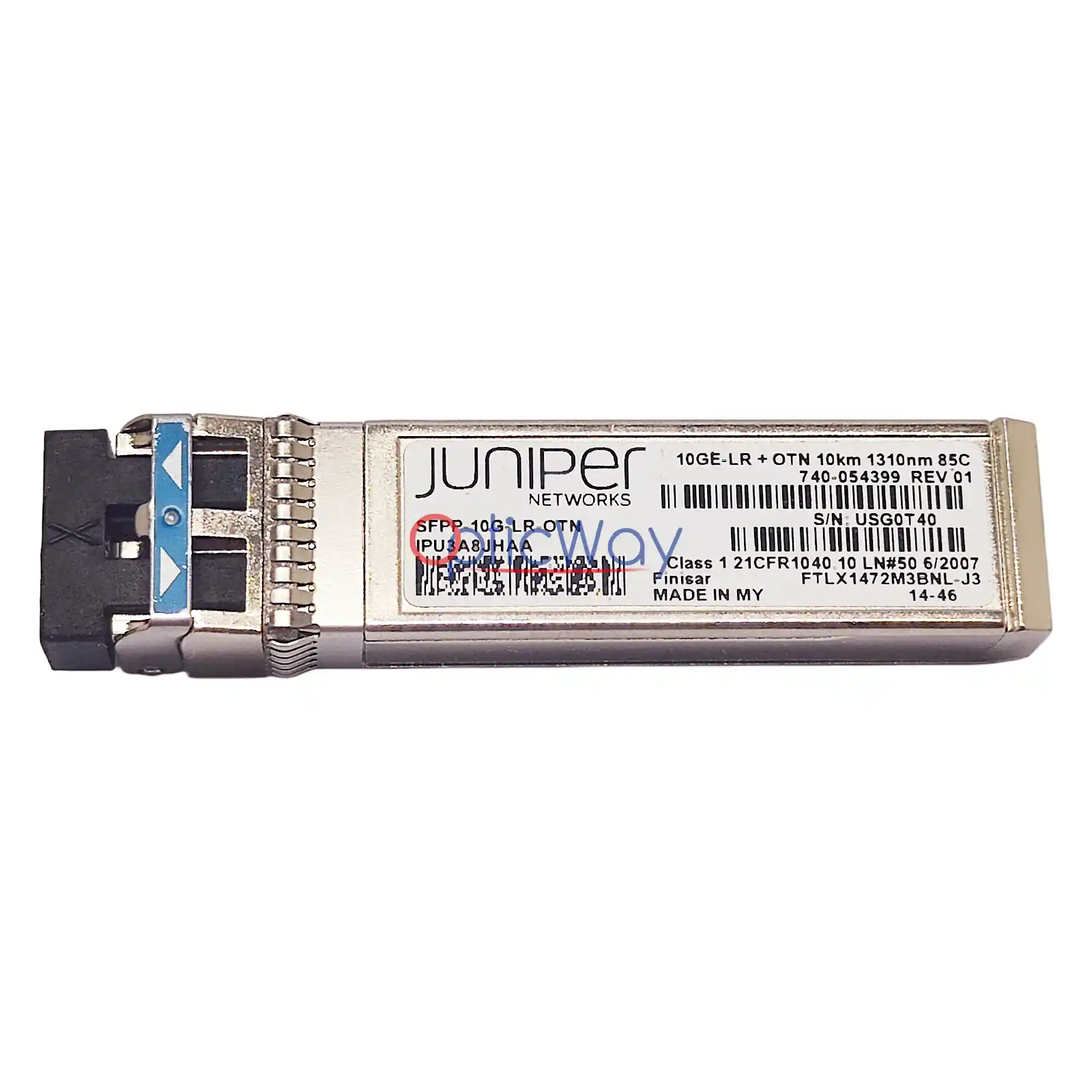 Juniper 740‑054399 SFPP‑10G‑LR‑OTN SFP+ transceiver front label view, FTLX1472M3BNL‑J3, 10GE‑LR OTN 10km 1310nm SMF