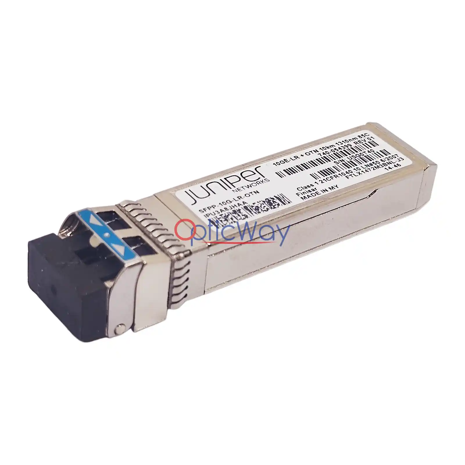 Juniper 740‑054399 SFPP‑10G‑LR‑OTN SFP+ transceiver side‑front angle view, 10GE‑LR OTN 10km SMF