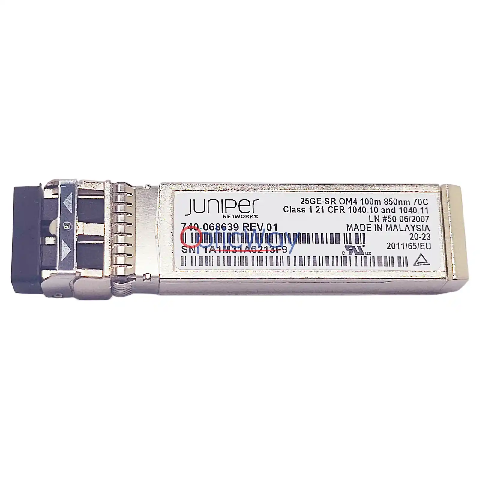Juniper 740‑068639 JNP‑SFP‑25G‑SR SFP28 transceiver front label view, 25GBASE‑SR 850nm 100m MMF optical module