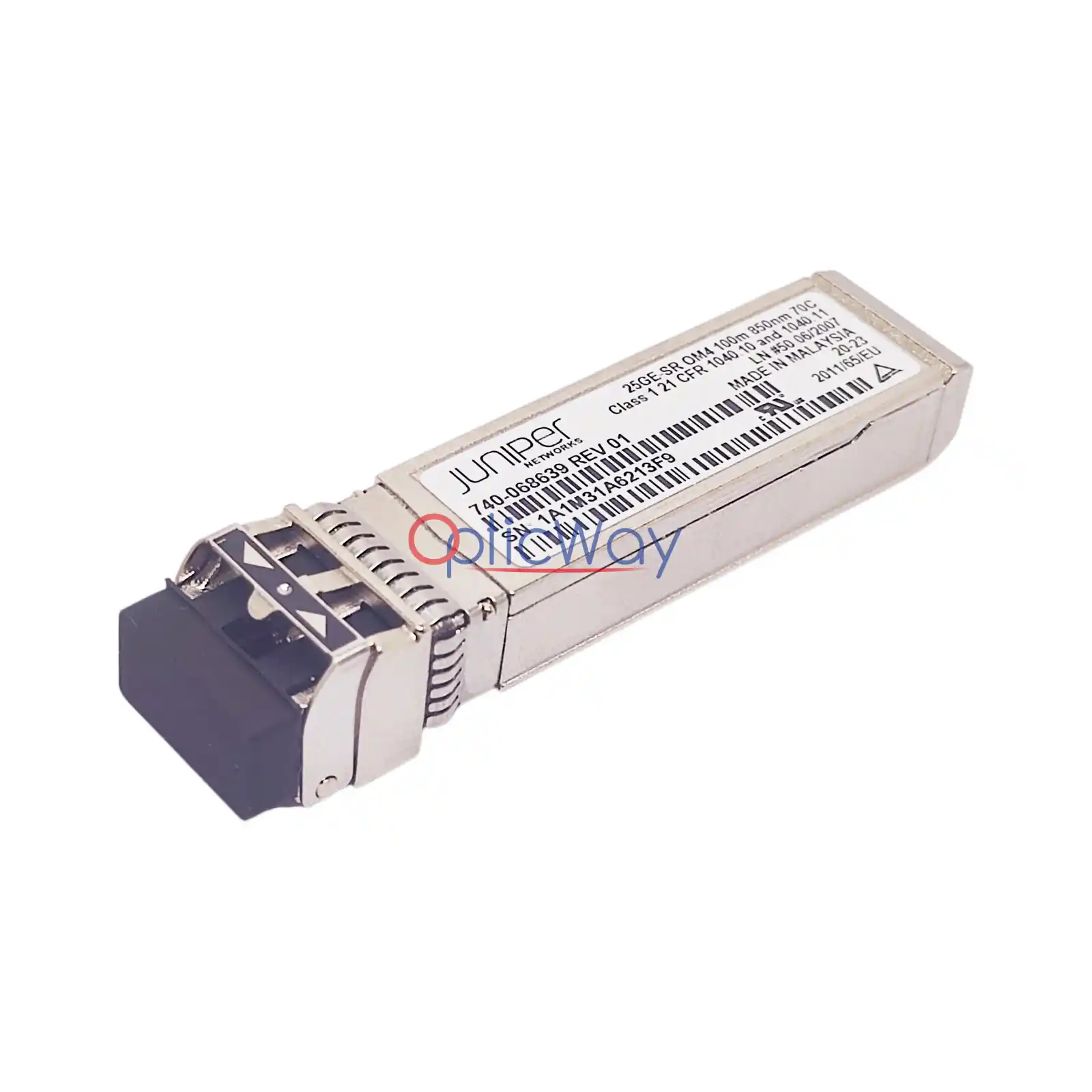 Juniper 740‑068639 JNP‑SFP‑25G‑SR SFP28 transceiver side‑front angle view, 25GBASE‑SR multimode module