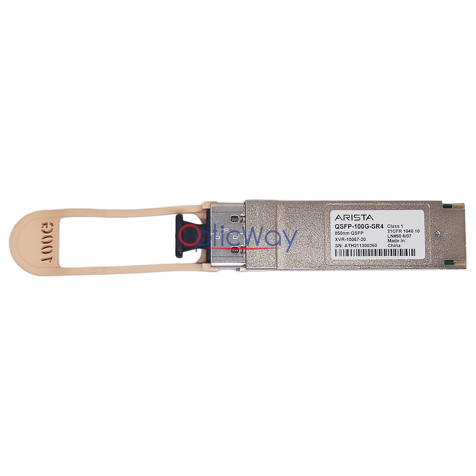 Arista QSFP‑100G‑SR4 XVR‑10067‑20 QSFP28 transceiver front label view,100GBASE‑SR4 850nm 100m MMF optical module