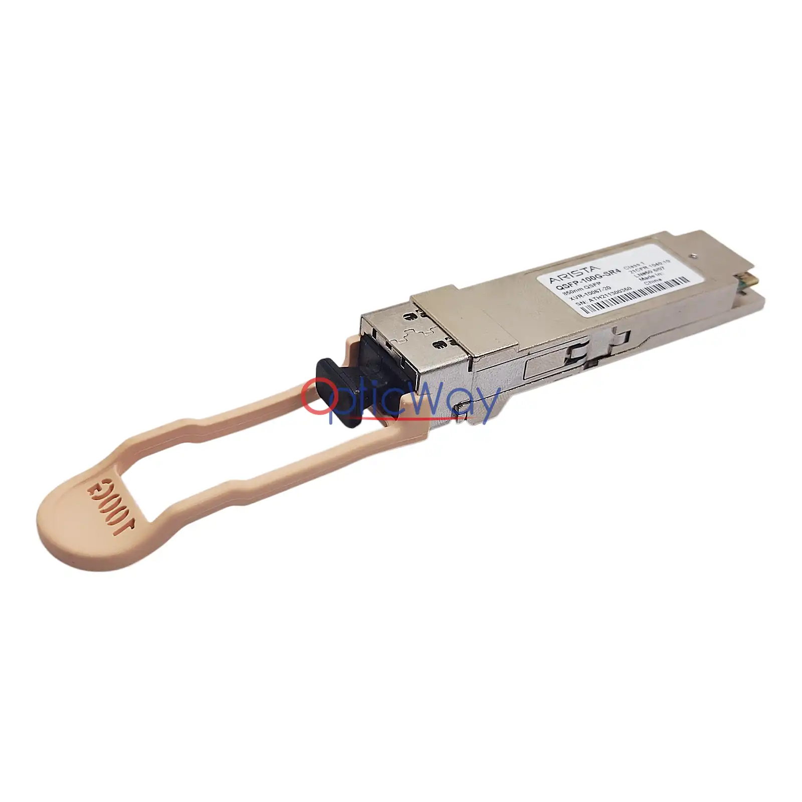 1. Arista QSFP‑100G‑SR4 XVR‑10067‑20 QSFP28 transceiver side‑front angle view, multimode MPO optical transceiver