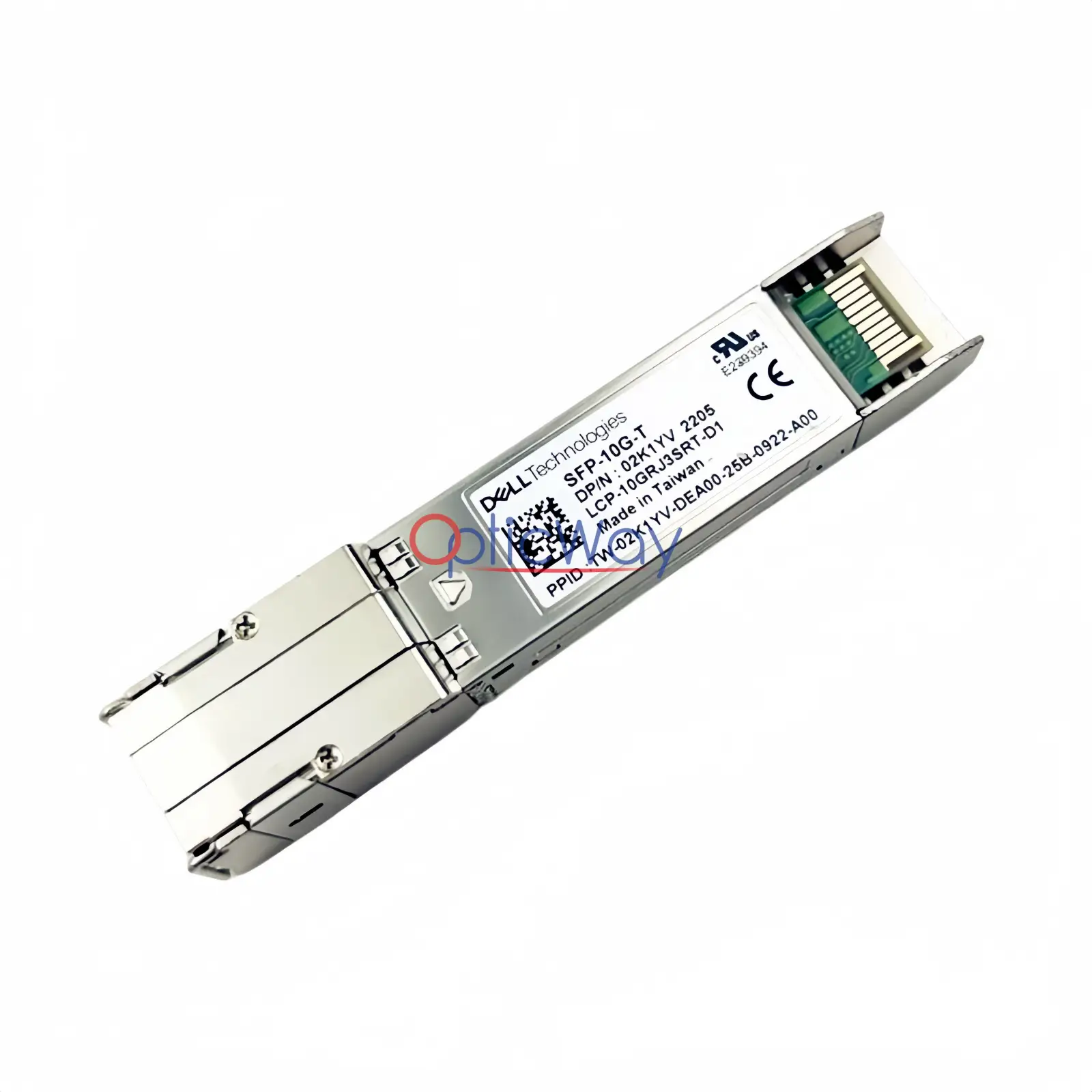 Dell 02K1YV 407‑BCWZ SFP‑10G‑T SFP+ transceiver side‑front angle view, RJ45 copper transceiver