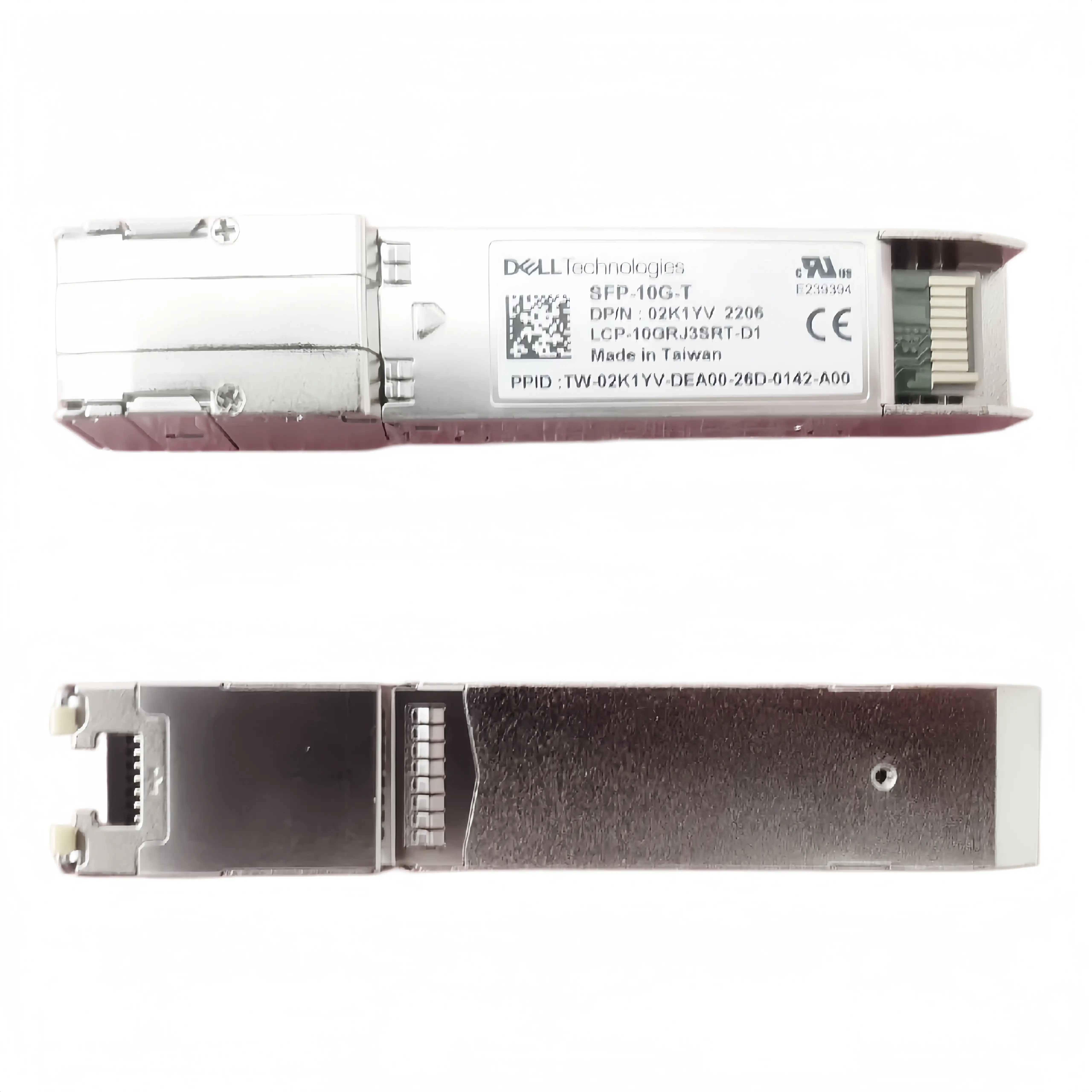 1. Dell 02K1YV SFP+ transceiver front and rear combined view, 407‑BCWZ 10GBASE‑T copper module