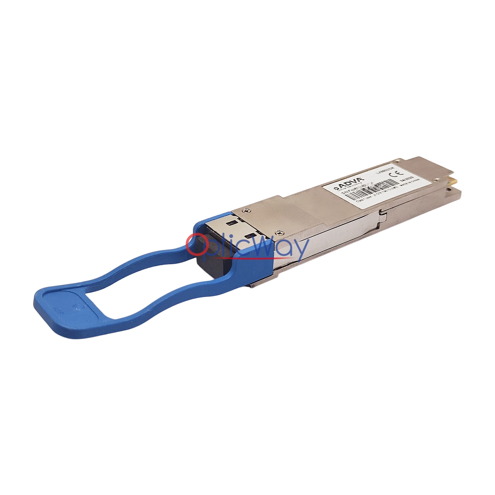 ADVA LX8502IDR QSFP28 100G LR4 Transceiver Side-Front View with Blue Pull Tab